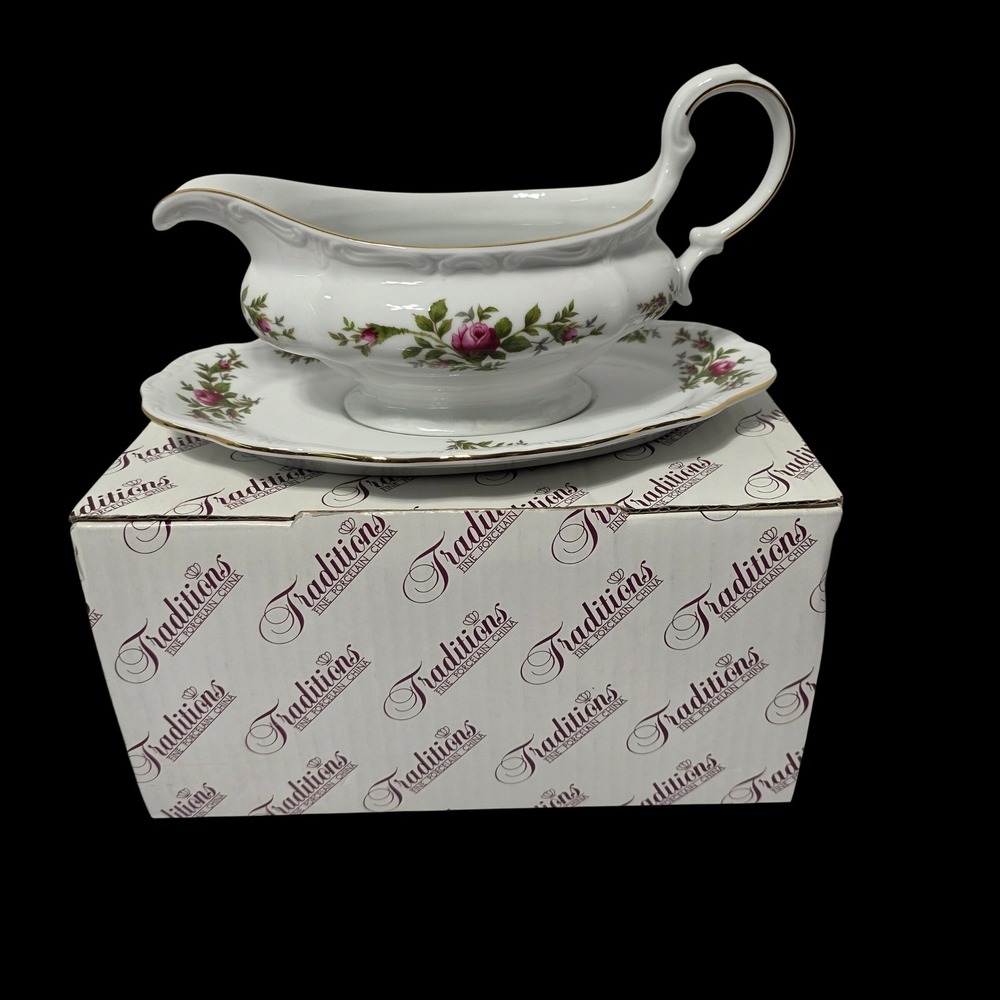 Johann Haviland Traditions Fine China Gravy Boat Pink Rose Gold Trim "Open Box"
